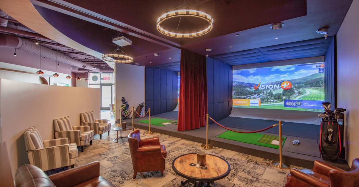 Golf simulator at Hook & Fade, interior design