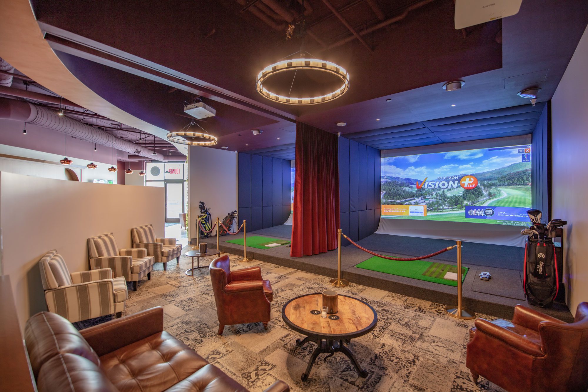 Golf simulator at Hook & Fade, interior design